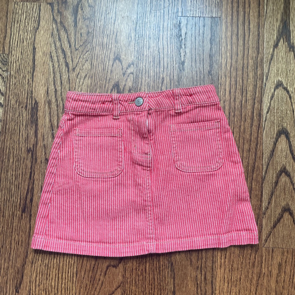Mini Boden red and white pinstripe denim mini skirt. Super cute